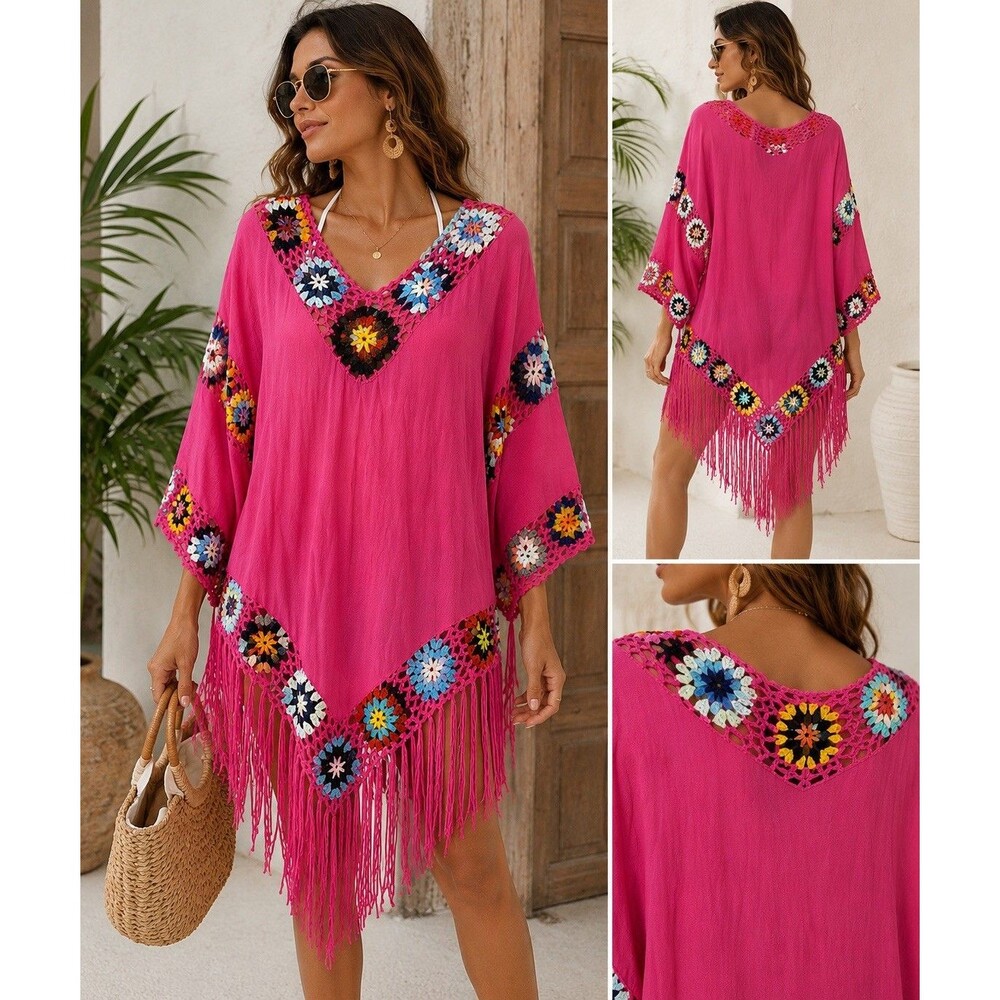ASHA Pink Crochet Fringe Boho Tunic Cover Up Top Womens One Size